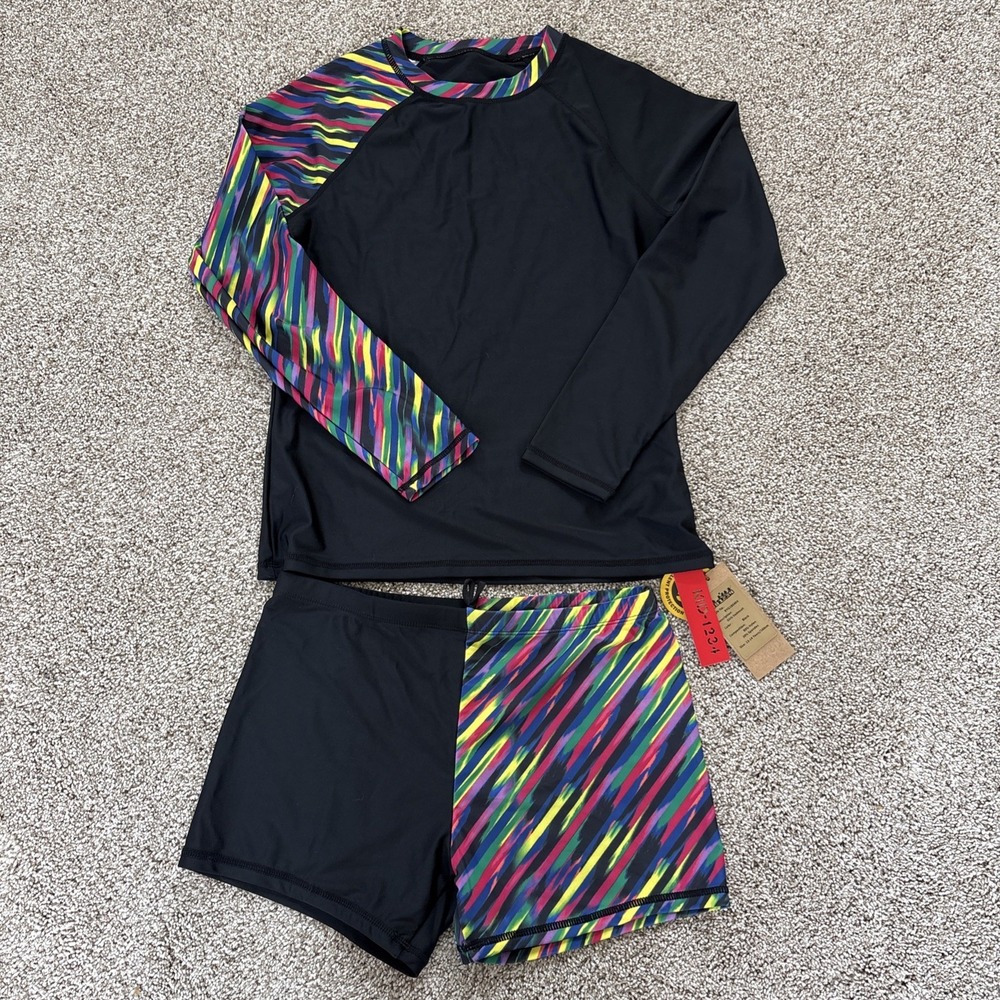Kids Black Rashguard Set with Multicolor Accent - Long Sleeve Top & Shorts